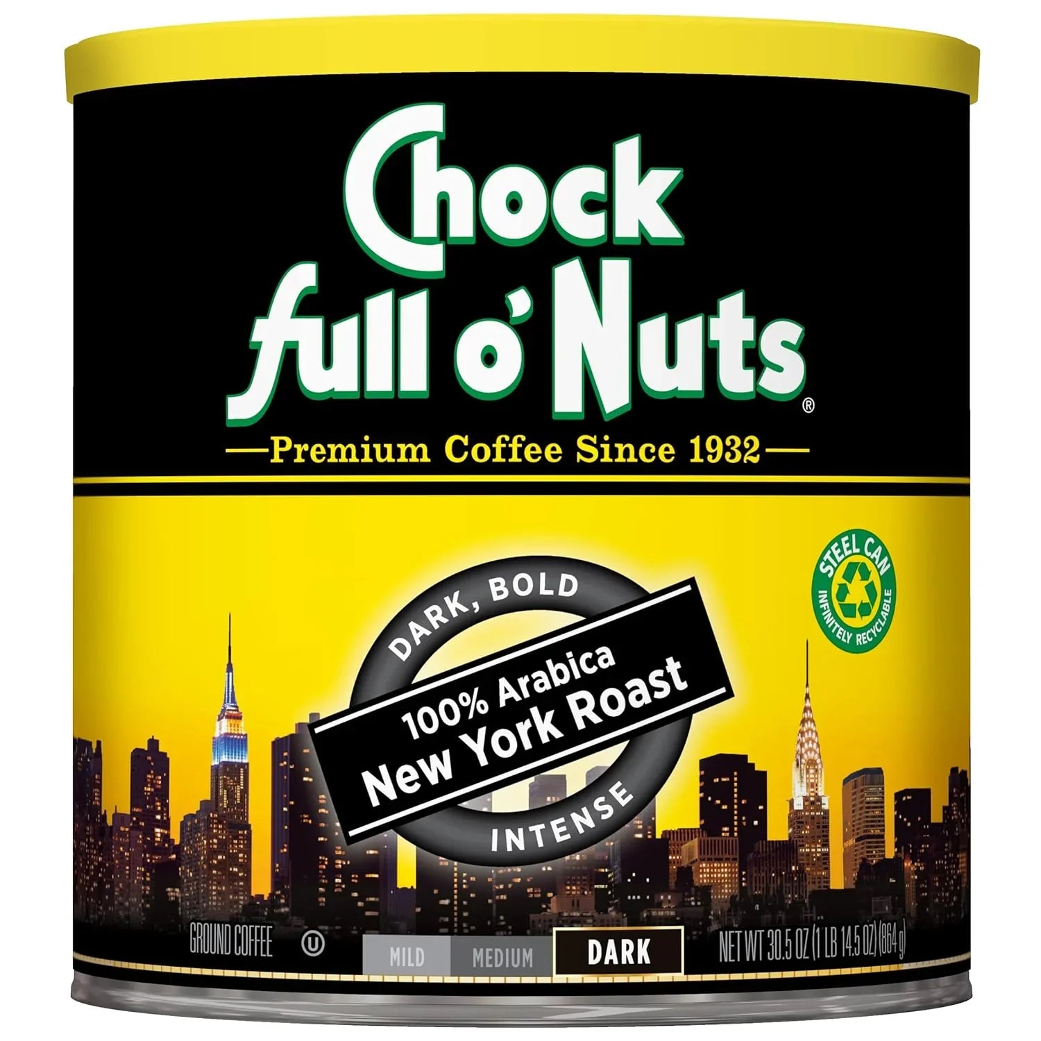 New York Roast Ground Coffee – Premium Beans in Recyclable Steel Can – Rich Flavor & Aroma, Dark Roast – Perfect for Drip, Pour-Over, Percolator – 30.5 Oz Can