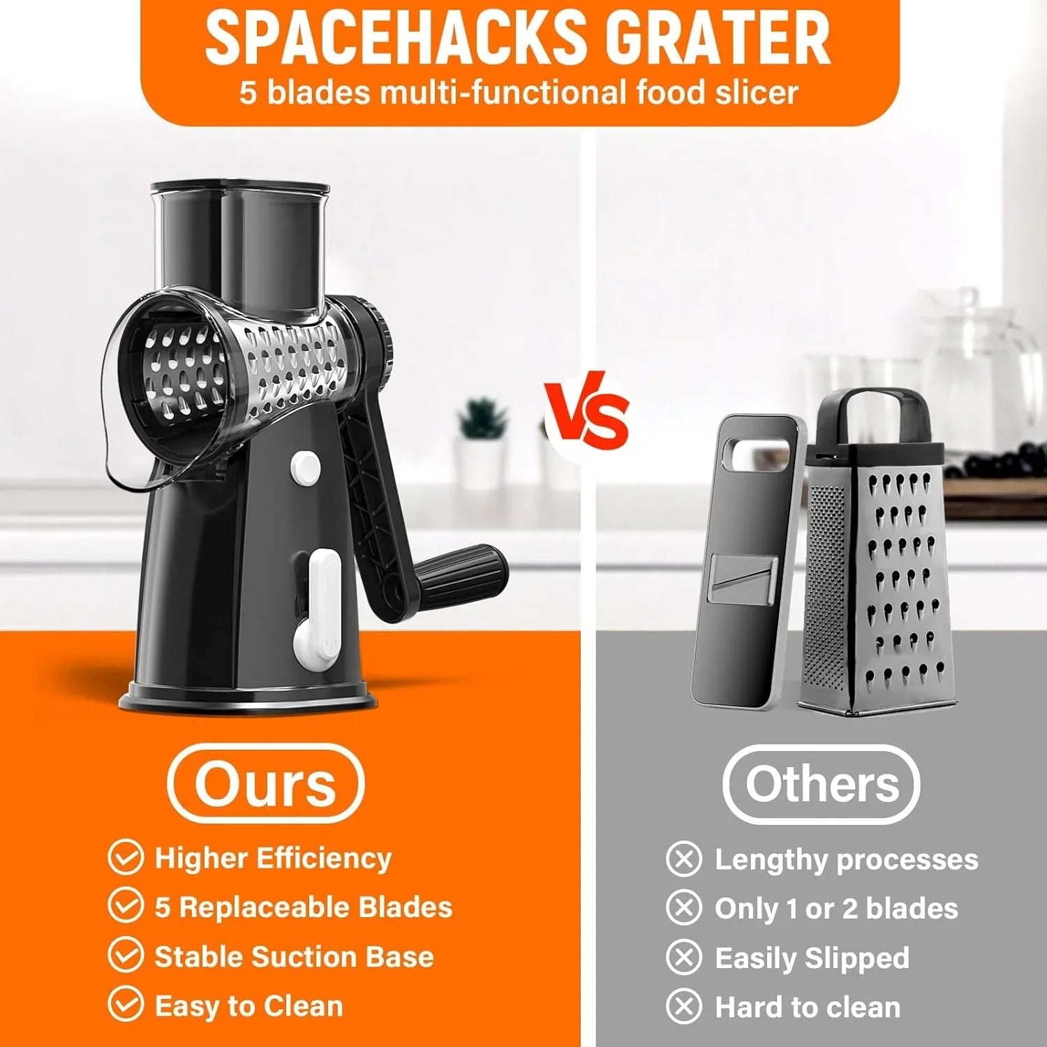 Rotary Cheese Grater Hand Crank, with 5 Blades for Chopper Shredder Spiralizer Slicer for Vegetable Cheese Fruit, Food Chopper for Kitchen with Blades Storage Box & Suction Base (Black)