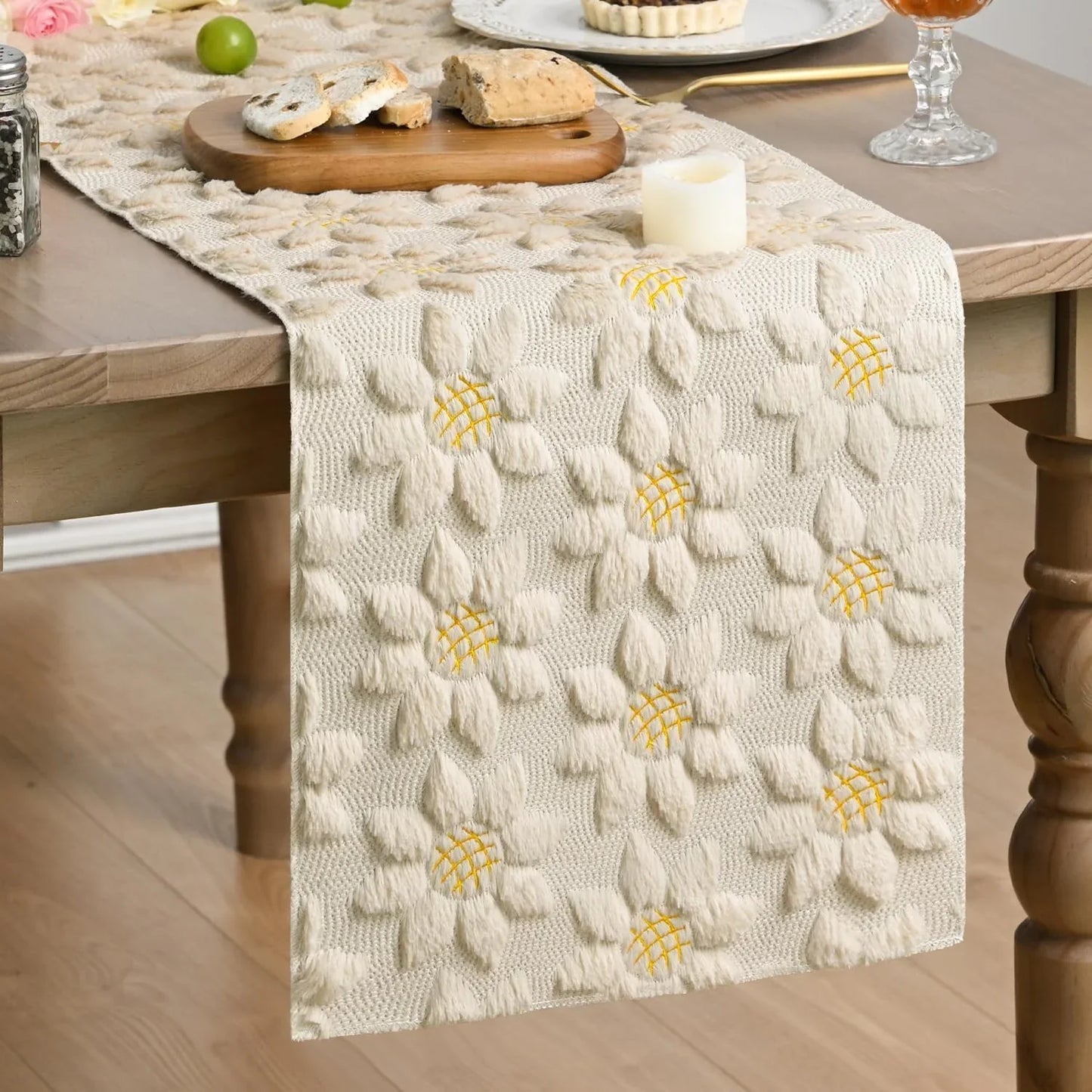 Beige Soft Plush Faux Fur Jacquard Embroidery Sunflower Spring Table Runner, Kitchen Dining Table Decoration for Home Party Decor 13X72 Inch