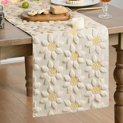 Beige Soft Plush Faux Fur Jacquard Embroidery Sunflower Spring Table Runner, Kitchen Dining Table Decoration for Home Party Decor 13X72 Inch