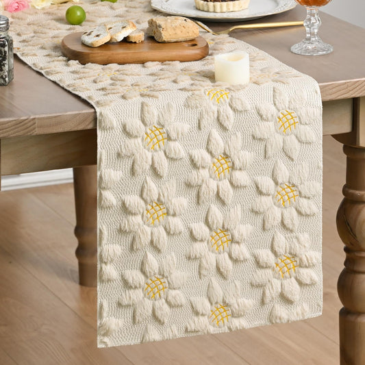 Beige Soft Plush Faux Fur Jacquard Embroidery Sunflower Spring Table Runner, Kitchen Dining Table Decoration for Home Party Decor 13X72 Inch