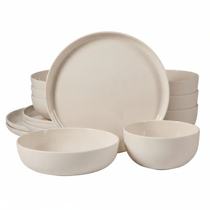 Candy Skies 12 Piece Unbreakable Wheat Straw Melamine Plates and Bowls Dinnerware Set - Outdoor, Camping, & Everyday Use - Matte Exterior/Shiny Interior Taupe Cream