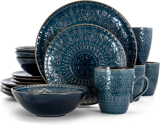 Deepsea Mozaic 16 Piece round Stoneware Dinnerware Set in Sea Blue