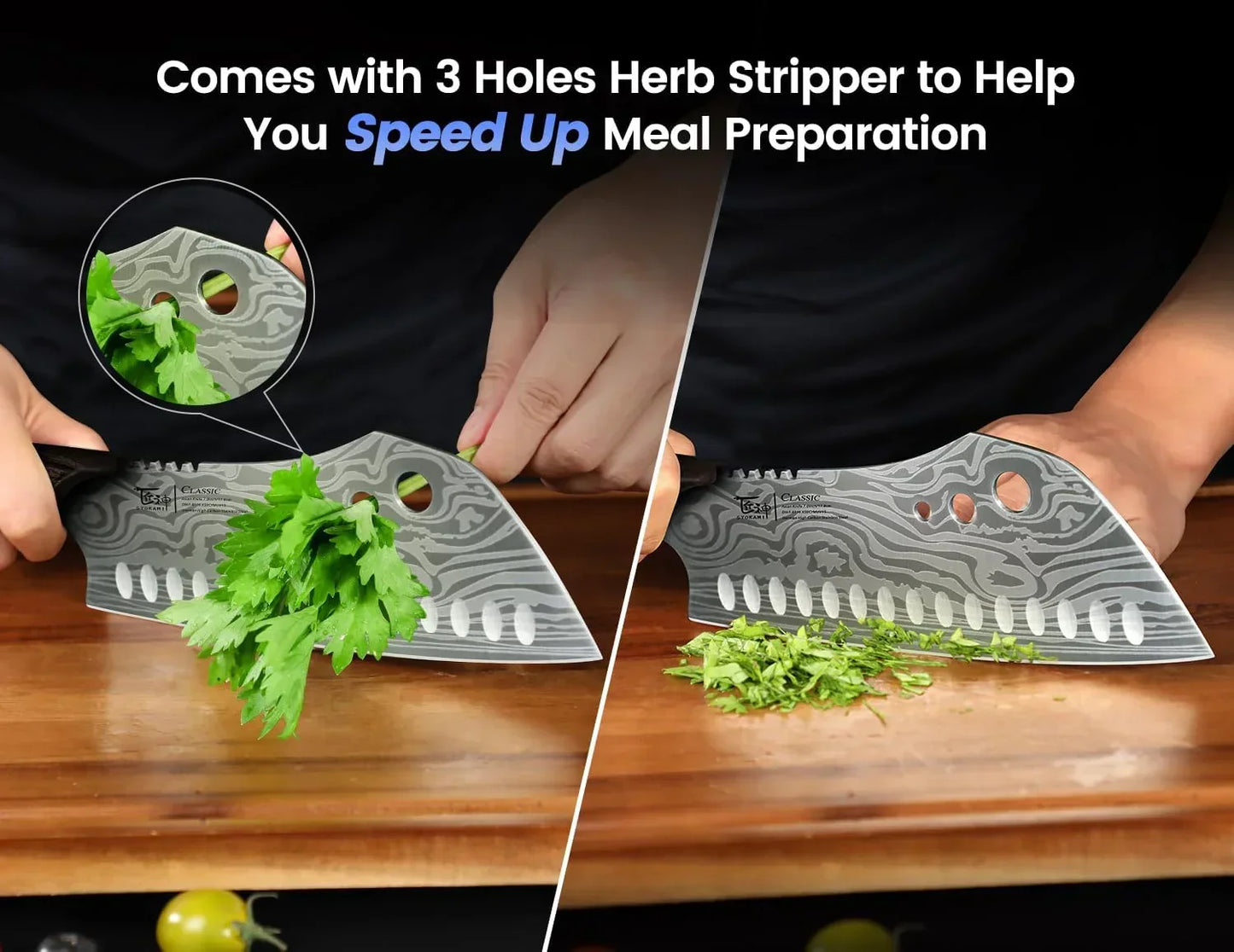 Chef using multi-hole herb stripper kitchen knife to quickly cut parsley on a wooden board
