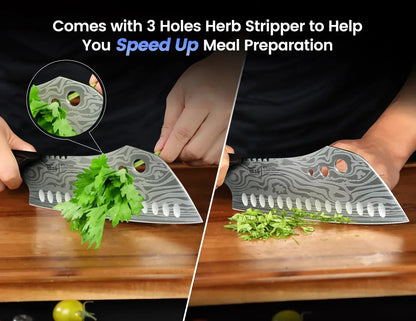 Chef using multi-hole herb stripper kitchen knife to quickly cut parsley on a wooden board