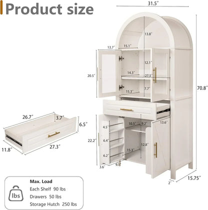 White kitchen storage hutch with dimensions, gold handles, shelves, and drawers for organized cooking essentials