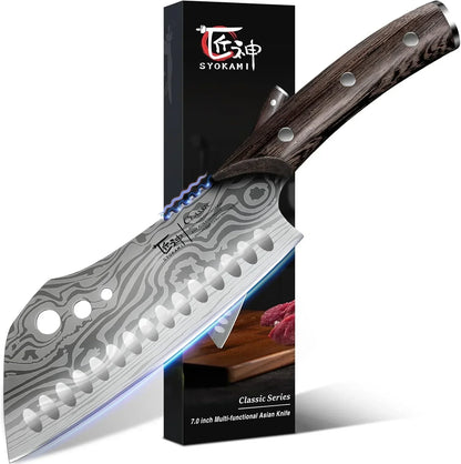 Damascus steel multi-functional Asian kitchen knife with ergonomic wooden handle and gift box