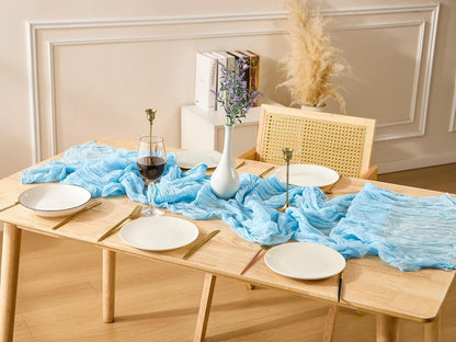 10 Pack Baby Blue Spring Table Runner Boho Cheesecloth Table Runners Bulk 10 Ft Gauze Sheer Mother'S Day Table Centerpieces for Wedding Ceremony Anniversary Bridal Baby Shower Banquet