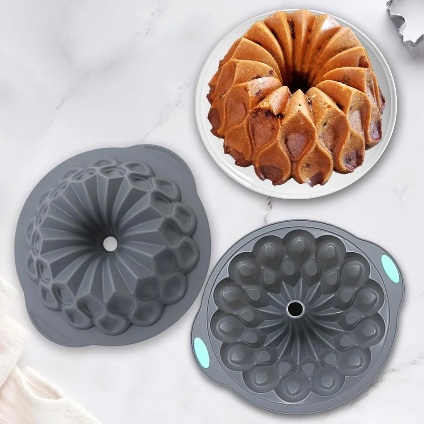 4 Pieces Silicone Fluted Cake Pans, 6/7/8 Cups Tube Baking Pan, Non-Stick Kitchen Oven Baking Pans, Silicone Molds for Homemade Cake, Bread and Jello, Grey