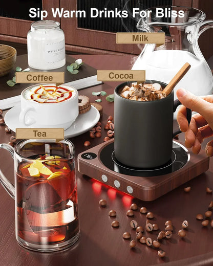 Warm drinks setup with coffee, tea, cocoa, and milk on a cozy kitchen table