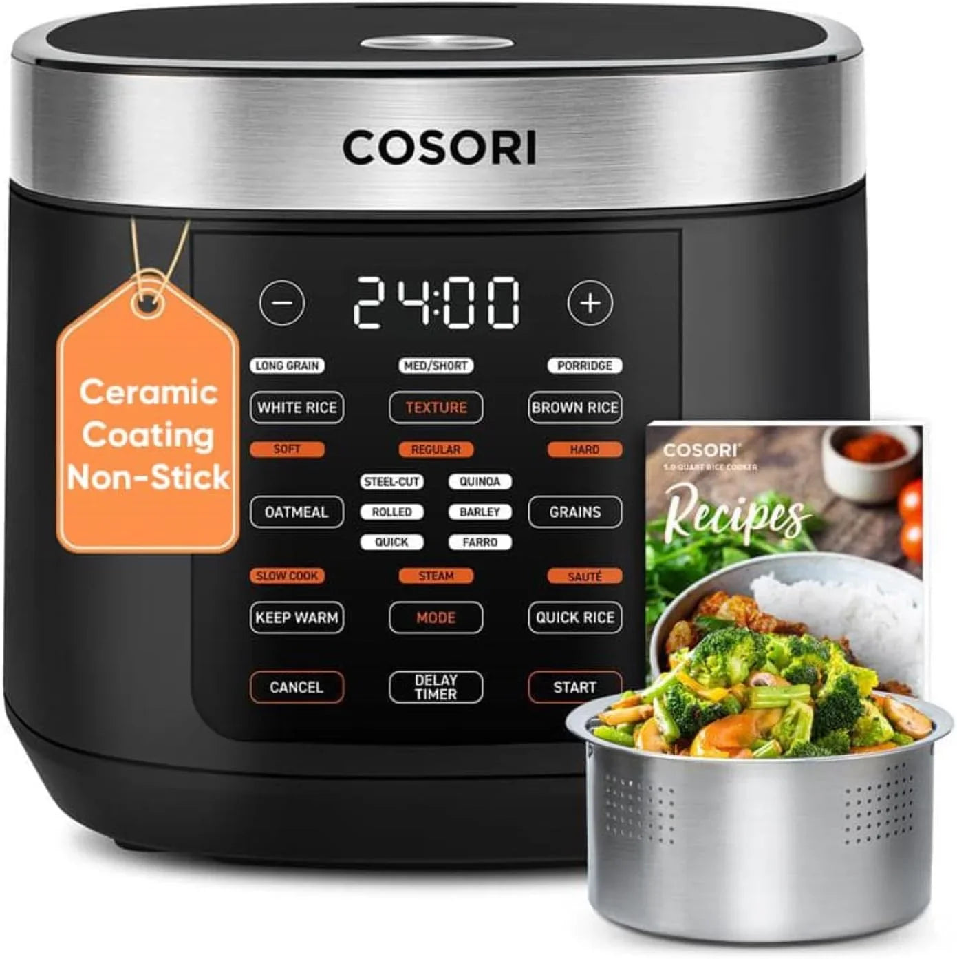 Rice Cooker 10 Cup, 24H Keep Warm, Non-Stick Ceramic Inner Pot, 18 Functions Fuzzy Logic Rice Maker with Stainless Steel Steamer Basket, Sauté, Slow Cooker, Black