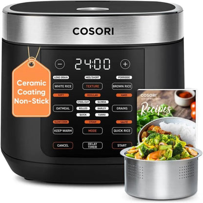Rice Cooker 10 Cup, 24H Keep Warm, Non-Stick Ceramic Inner Pot, 18 Functions Fuzzy Logic Rice Maker with Stainless Steel Steamer Basket, Sauté, Slow Cooker, Black