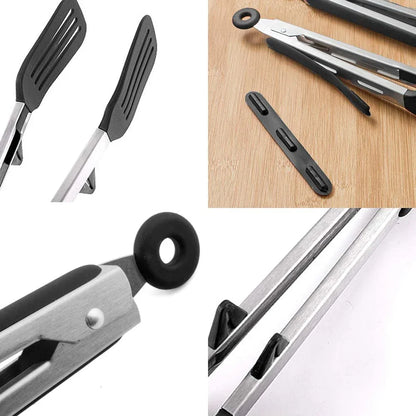 Kitchen Tongs 9 Inches and 12 Inches Fish Spatula Stainless Steel Locking with Silicone Tips Cooking Salad Buffet BBQ Serving Tongs Heat Resistant Meat Turner Spatula Tongs, Black