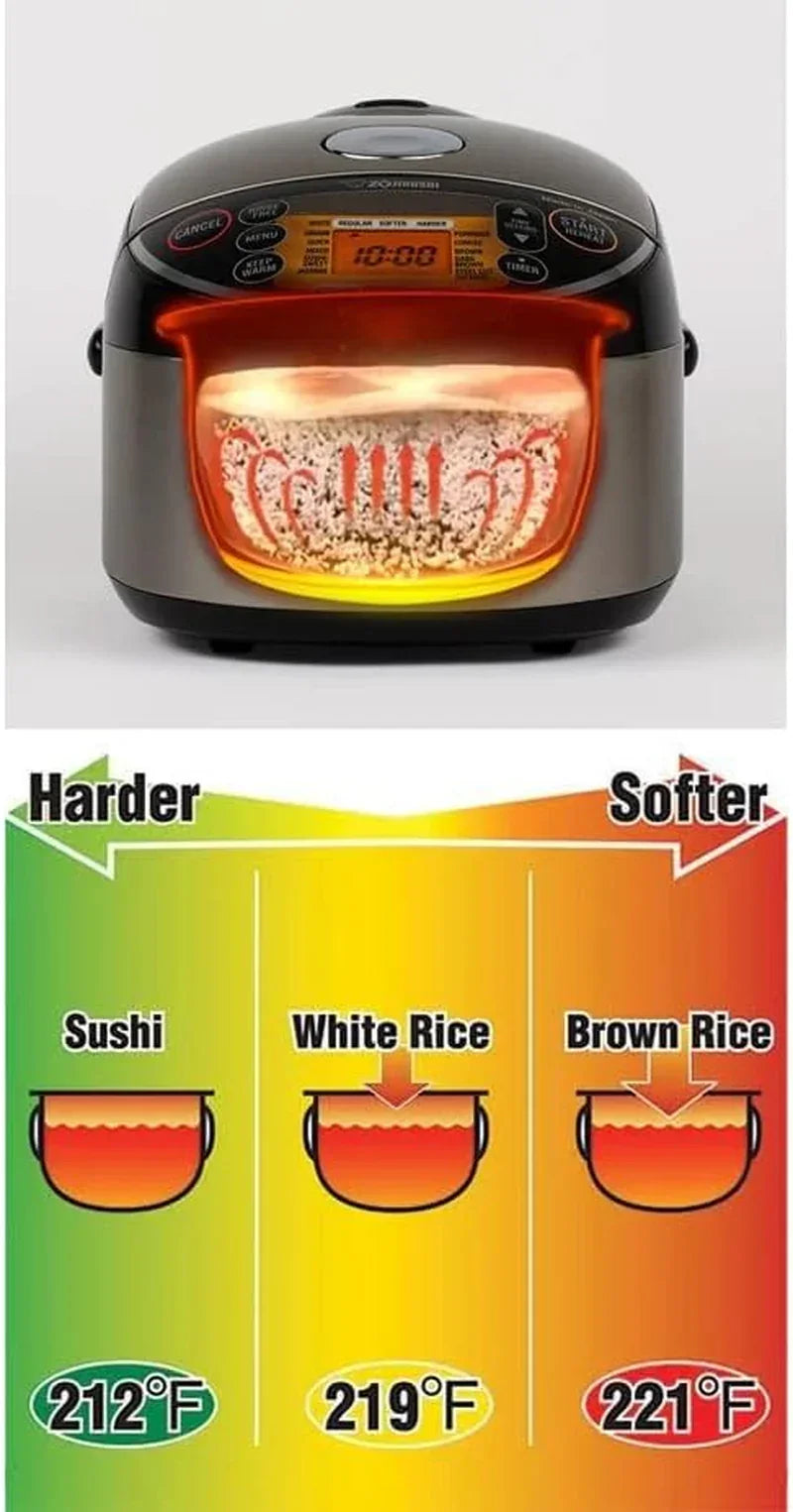 Zojirushi rice cooker with temperature guide for sushi, white, and brown rice settings