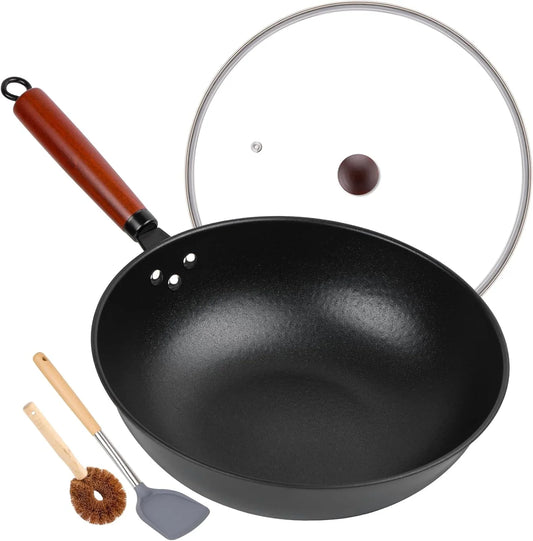 13" Nonstick Wok - Wok Pan with Glass Cover, Carbon Steel Woks & Stir-Fry Pans: Flat Bottom Chinese Woks for Electric, Induction, Gas, All Stoves