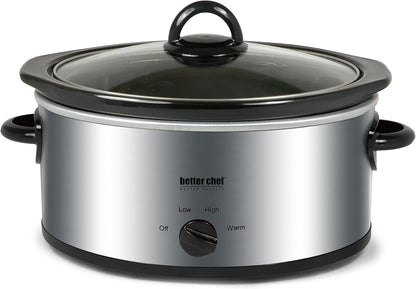 Oval Slow Cooker | 3-Quart | 3-Tempature Settings | Side Handles | Glass Lid | Enamel Stoneware Insert (Stainless-Steel)