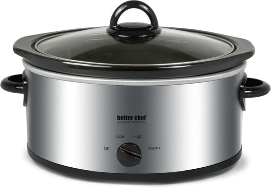 Oval Slow Cooker | 3-Quart | 3-Tempature Settings | Side Handles | Glass Lid | Enamel Stoneware Insert (Stainless-Steel)