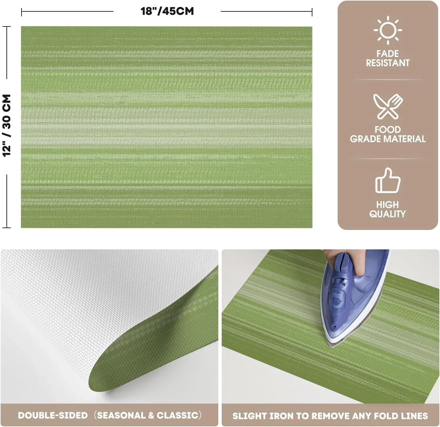 Green Gradient Stripes Placemats Set of 4, Washable Heat Resistant Non-Slip Woven Plastic Spring PVC Place Mats for Farmhouse Party Kitchen Dining Decor