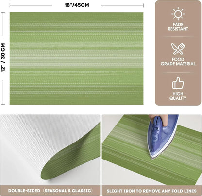 Green Gradient Stripes Placemats Set of 4, Washable Heat Resistant Non-Slip Woven Plastic Spring PVC Place Mats for Farmhouse Party Kitchen Dining Decor