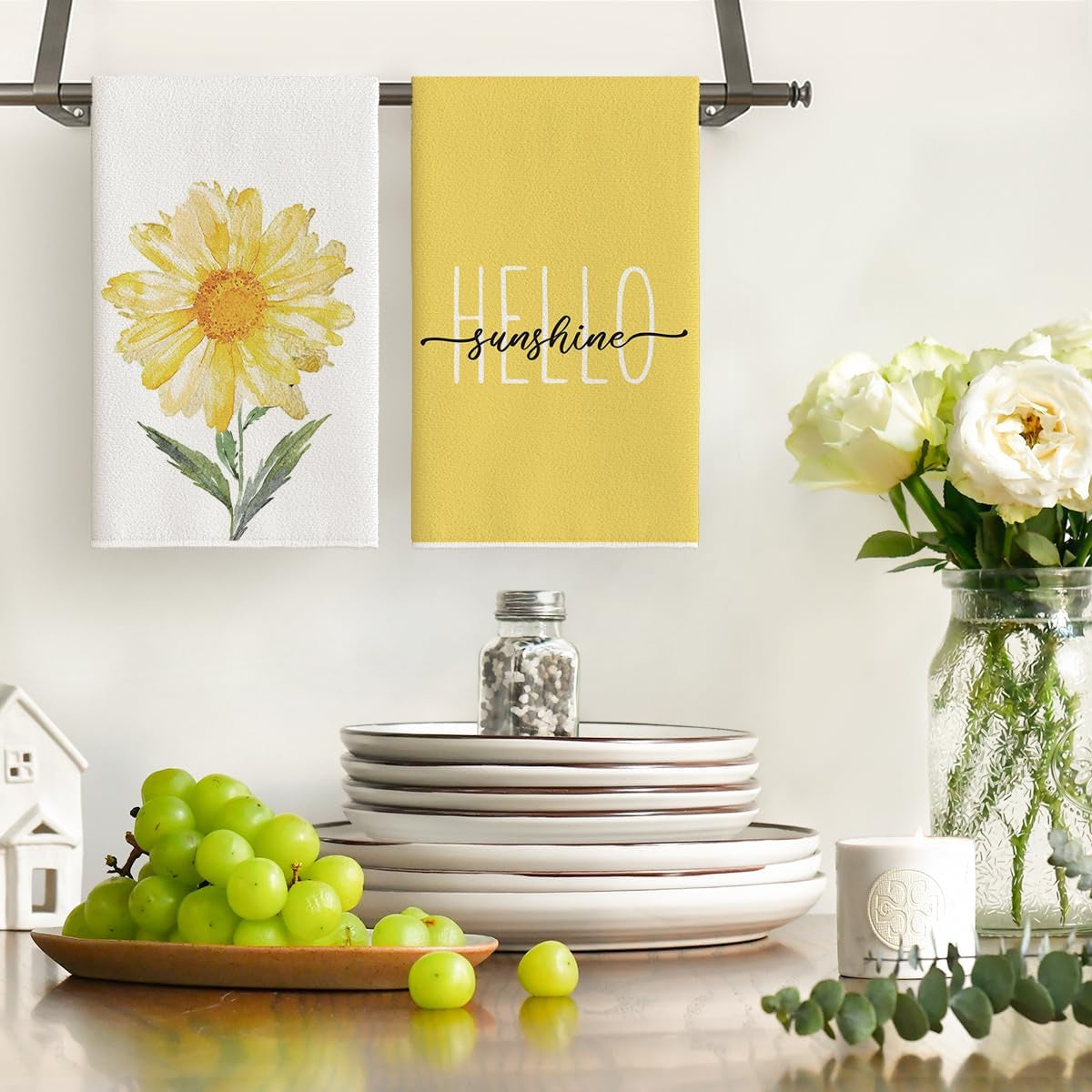 Yellow Hello Sunshine Daisy Bless This Home Spring Kitchen Towels Dish Towels, 18X26 Inch Seasonal Summer Decoration Hand Towels Set of 4