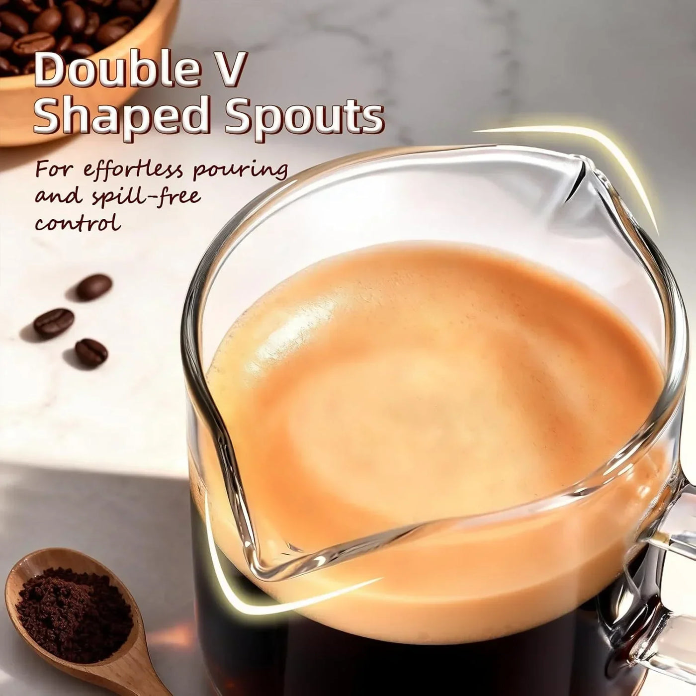 Glass coffee server with double V spouts for spill-free pouring, filled with fresh brew beside coffee beans