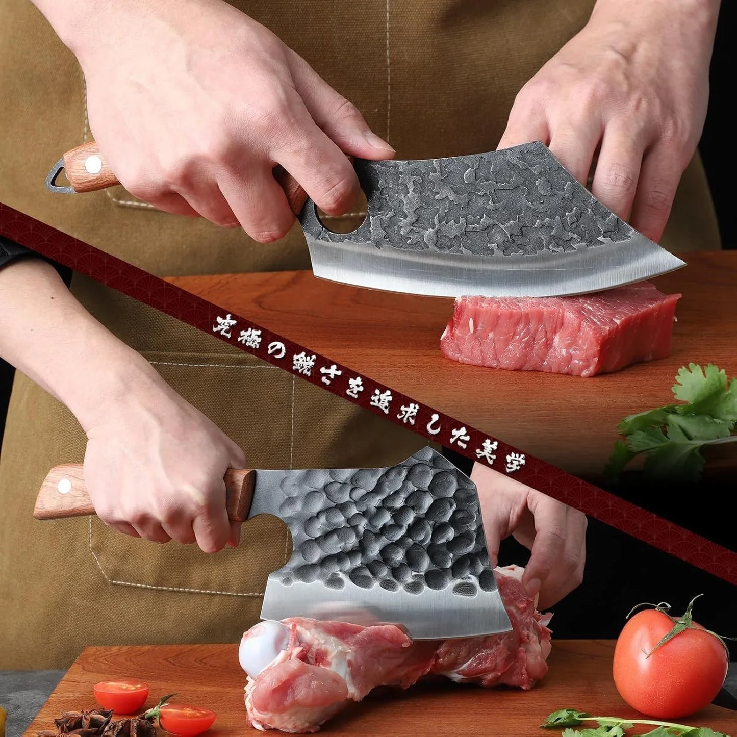 Butcher Knife Set of 3 - Full Tang Meat Cleaver Knife Set for Meat Processing, Hand Forged Viking Knives Sets with Bone Axe, Heavy-Duty Kitchen Knives Sets for Outdoor BBQ Cooking, Gifts for Men
