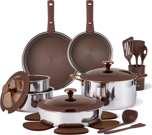 22PCS Stainless Steel Cookware Set with Detachable Handle, Ceramic Hybrid Nonstick Pots and Pans Set, Stackable Kitchen Cookware Set, Induction Safe, Oven Safe, Brown