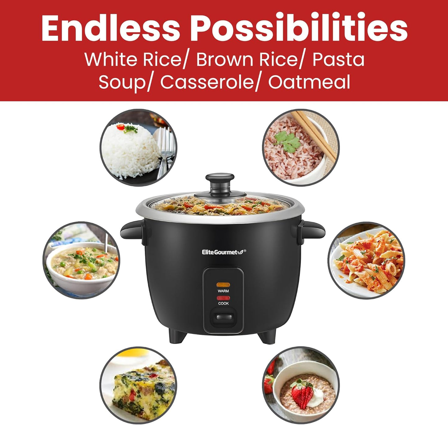 ERC003BX Electric Rice Cooker with Automatic Keep Warm Makes Soups, Stews, Grains, Hot Cereals, 6 Cups Cooked (3 Cups Uncooked), Black