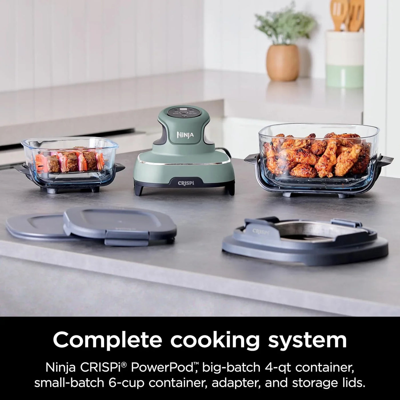 Crispi 4-In-1 Glass Air Fryer | 450°F | Non-Toxic | 4QT & 6-Cup Glass Containers W/Lids | Microwave, Freezer, Dishwasher Safe | Max Crisp, Air Fry, Bake, Recrisp | Green | FN101SG