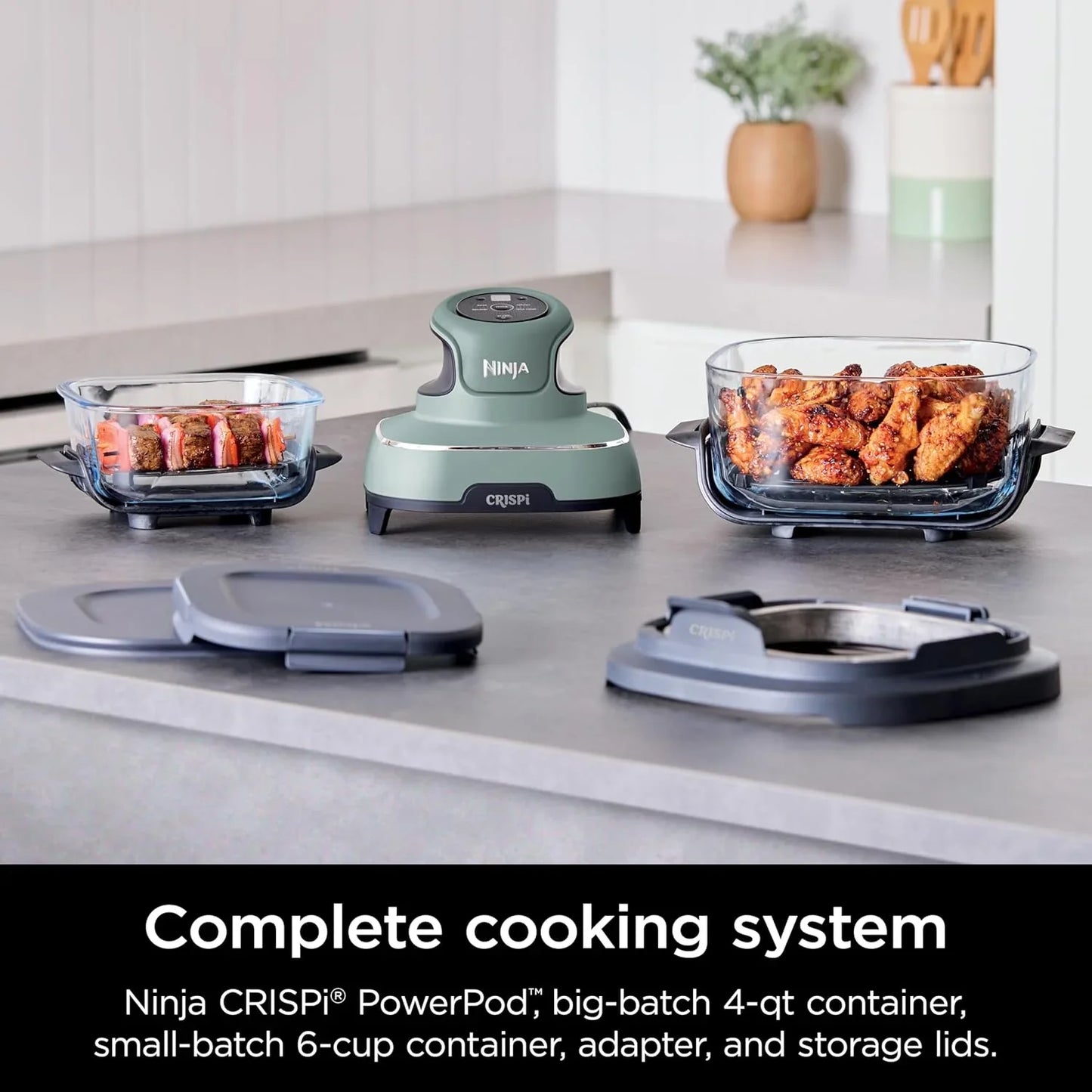 Crispi 4-In-1 Glass Air Fryer | 450°F | Non-Toxic | 4QT & 6-Cup Glass Containers W/Lids | Microwave, Freezer, Dishwasher Safe | Max Crisp, Air Fry, Bake, Recrisp | Green | FN101SG