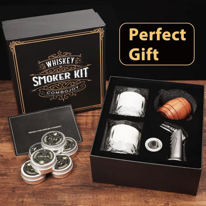Whiskey Smoker Kit with Torch - 6 Flavors Wood Chips, 2 Glasses, 2 Ice Ball Molds - Cocktail Smoker Infuser Kit, Old Fashioned Drink Smoker Kit, Birthday Bourbon Whiskey Gifts for Men,Dad(No Butane)