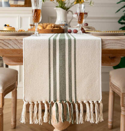 Boho Table Runner for Modern Farmhouse Decor, Dining Table Décor 13 X 72 Inch Long with Handcrafted Tassels, Green and Beige Stripe Table Runner for Home Boho Décor