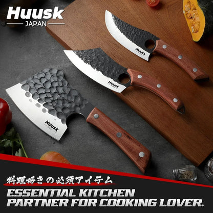 Butcher Knife Set of 3 - Full Tang Meat Cleaver Knife Set for Meat Processing, Hand Forged Viking Knives Sets with Bone Axe, Heavy-Duty Kitchen Knives Sets for Outdoor BBQ Cooking, Gifts for Men