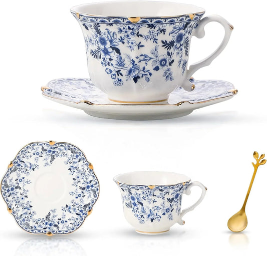 Country Roses Bone China Tea Cup and Saucer Set, 3 Pieces, Vintage Style, for Women and Tea Parties(Qh,1 Set)