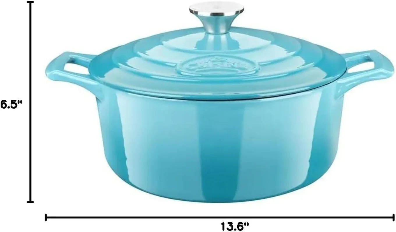 Turquoise enameled cast iron Dutch oven with lid, 6.5" height, 13.6" width, ideal for cooking and baking
