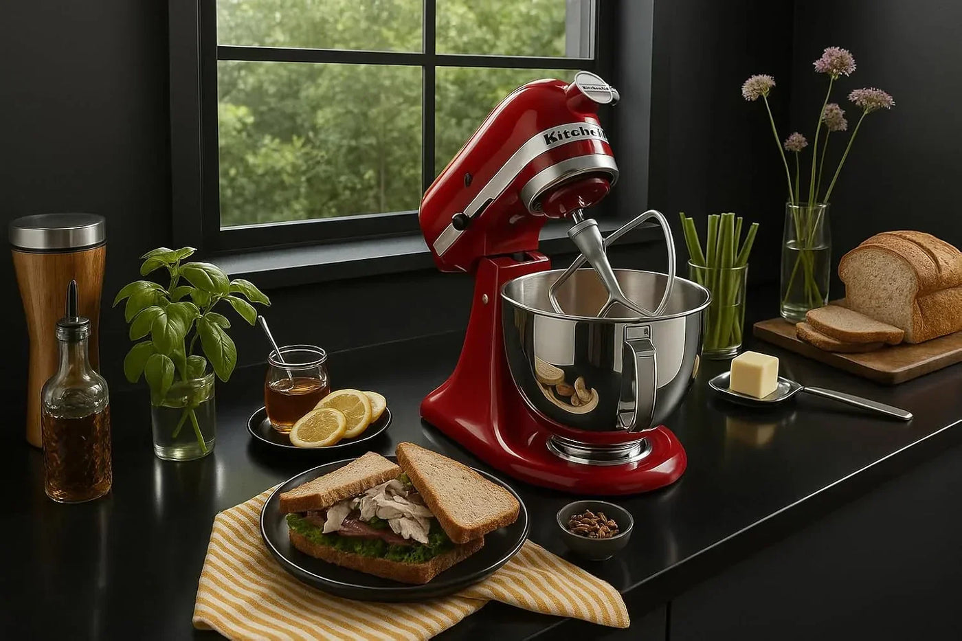 Red KitchenAid mixer with sandwich, bread, and kitchen essentials on a black countertop