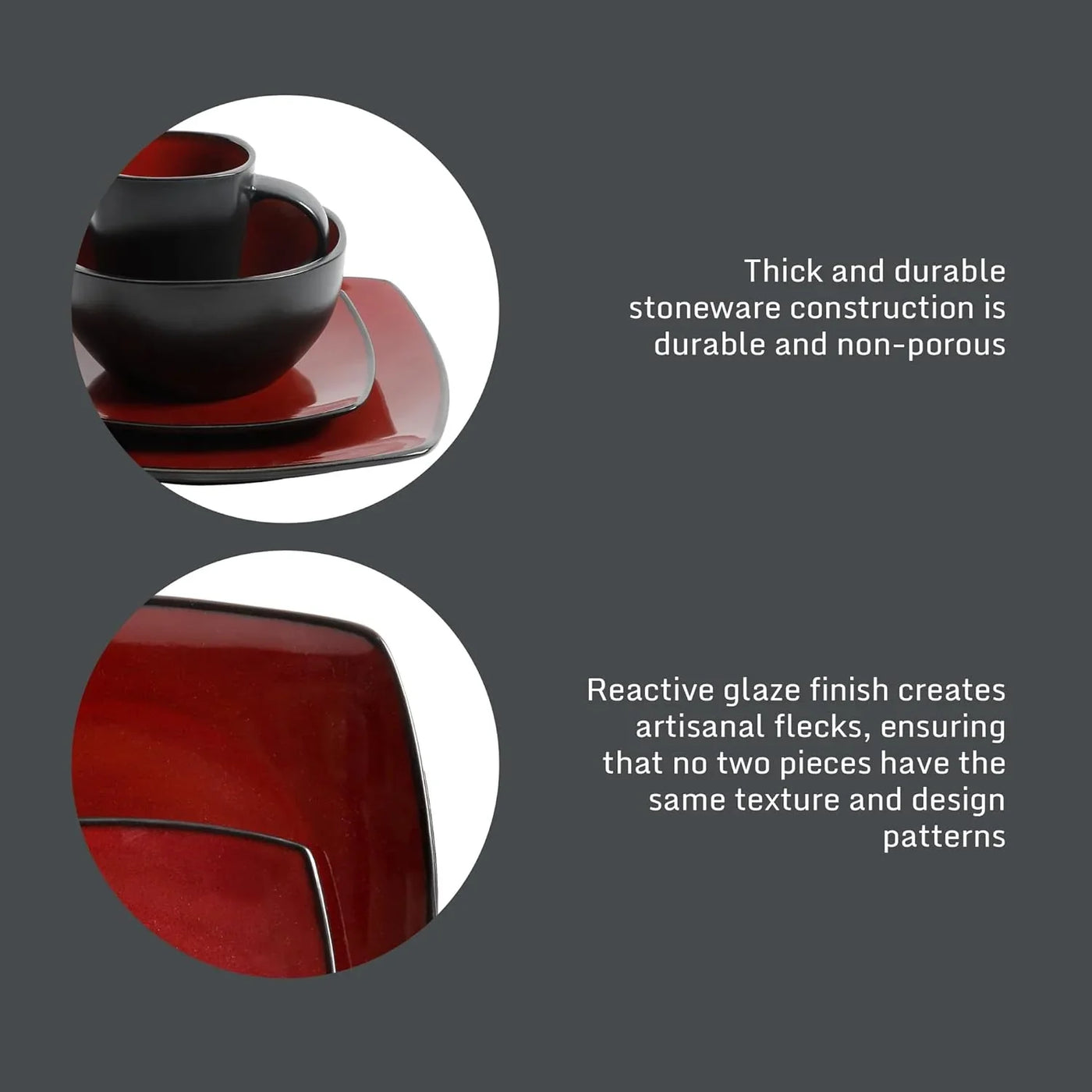Soho Lounge Square 16-Piece Dinnerware Set, Service for 4, Reactive Glaze Stoneware Plates and Bowls, Modern Dishes, Microwave & Dishwasher Safe – Red and Black