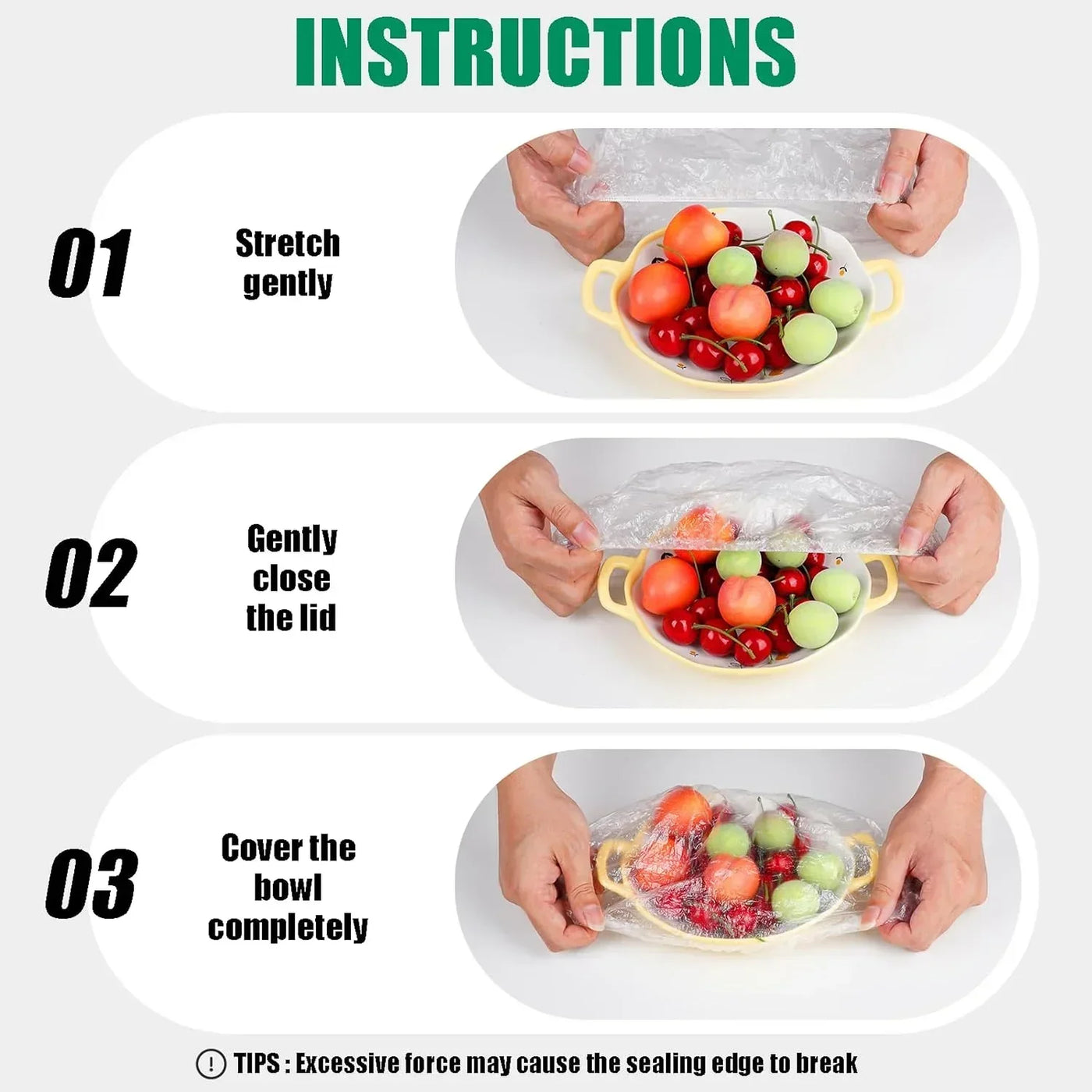 Step-by-step instructions for stretching reusable food wrap over a bowl of fresh fruit, ideal for kitchen storage.