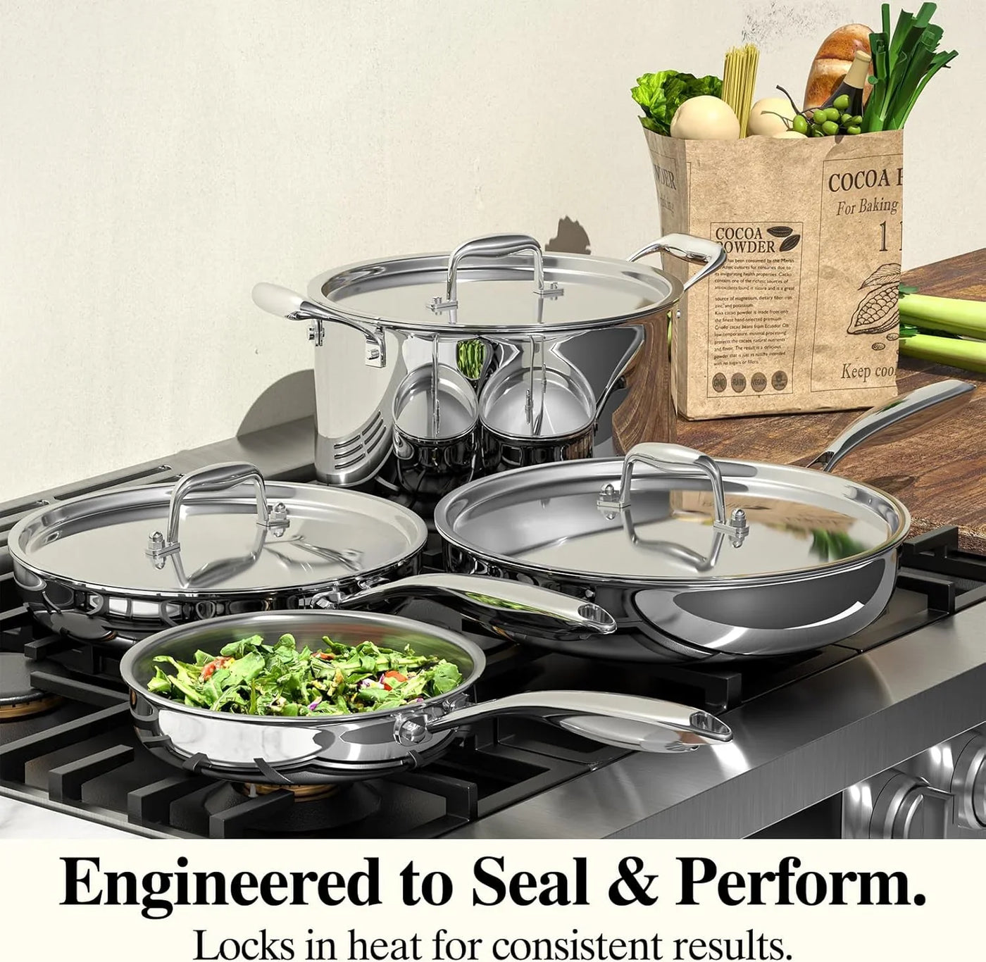 Stainless Steel Frying Pan Set with Lid, 3Pcs Skillet Set (Includes 8",10",12") - 5 Ply Stainless Clad - Heavy Duty & Professional Cookware Set, Fast & Even Heat, Dishwasher and Oven Safe