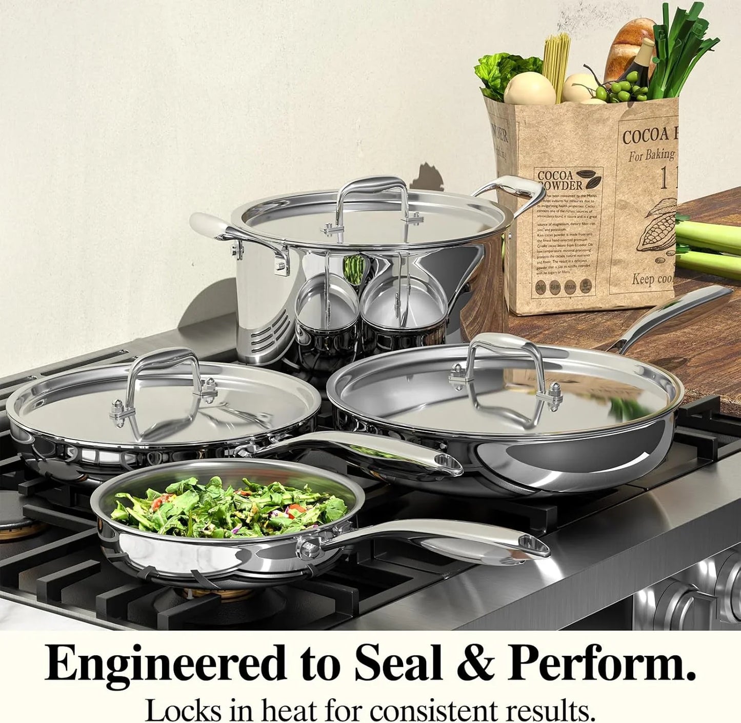 Stainless Steel Frying Pan Set with Lid, 3Pcs Skillet Set (Includes 8",10",12") - 5 Ply Stainless Clad - Heavy Duty & Professional Cookware Set, Fast & Even Heat, Dishwasher and Oven Safe