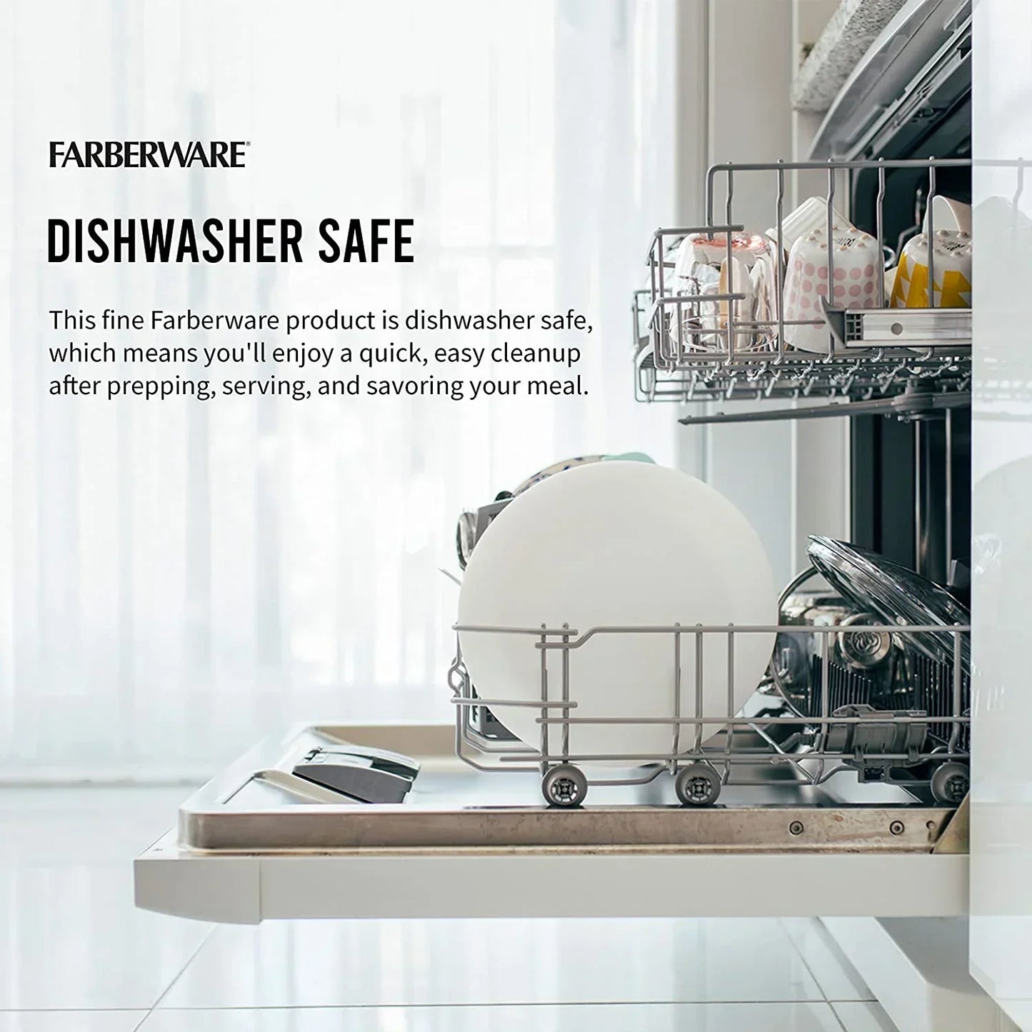 Dishwasher safe Farberware cookware and dishes inside open dishwasher for easy cleanup after meals