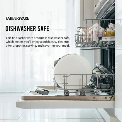 Dishwasher safe Farberware cookware and dishes inside open dishwasher for easy cleanup after meals