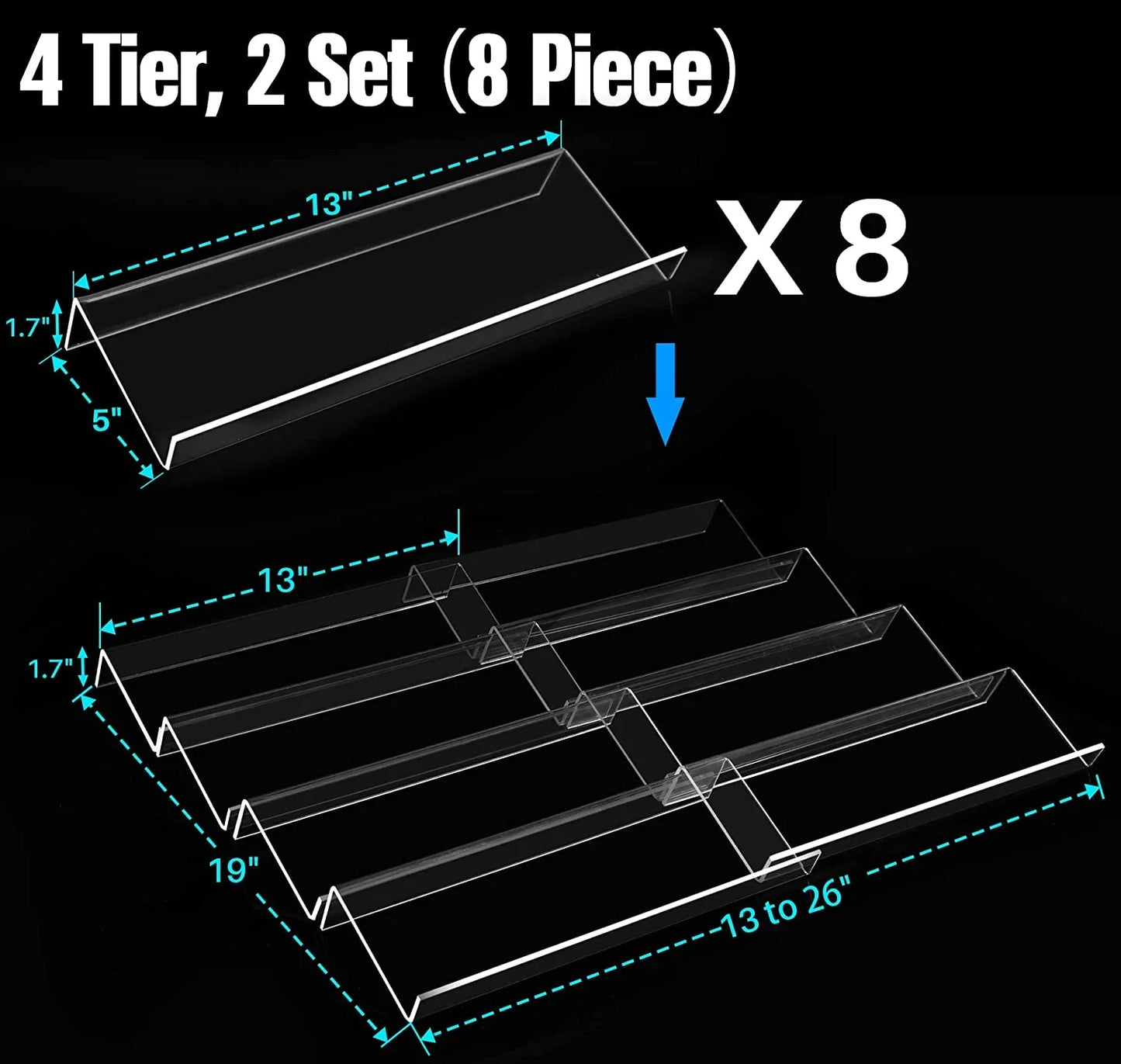 Spice Drawer Organizer, 4 Tier- 8 Pack Kitchen Spice Rack Tray for Drawer, Expandable from 13" to 26" Acrylic Seasoning Organizer Rack Holds up 56 Spice Jars (Jars Not Include)