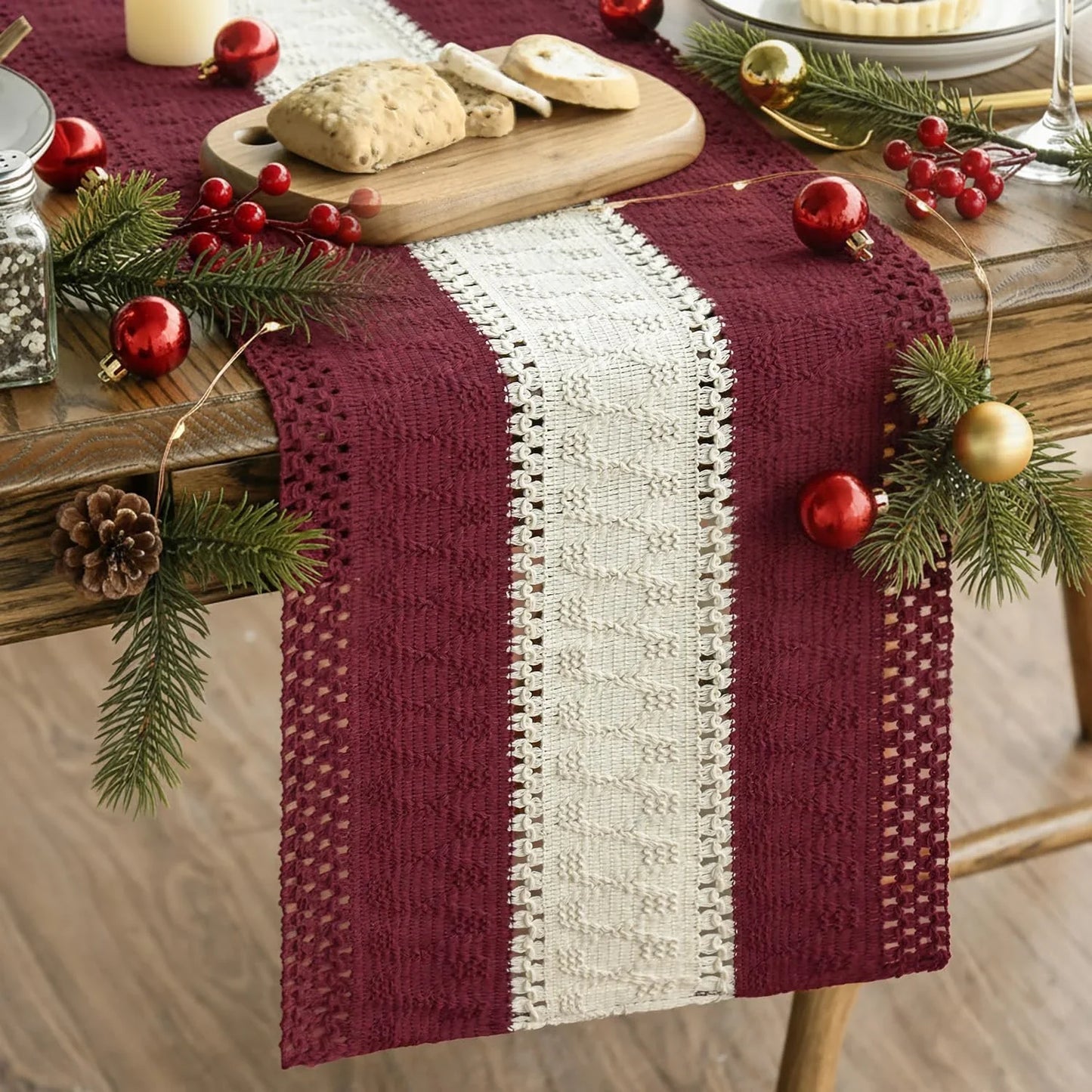 Red Farmhouse Rustic Table Runner, Seasonal Christmas Hollow Kitchen Dining Table Decoration for Home Party Decor 12X72 Inch