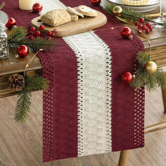 Red Farmhouse Rustic Table Runner, Seasonal Christmas Hollow Kitchen Dining Table Decoration for Home Party Decor 12X72 Inch