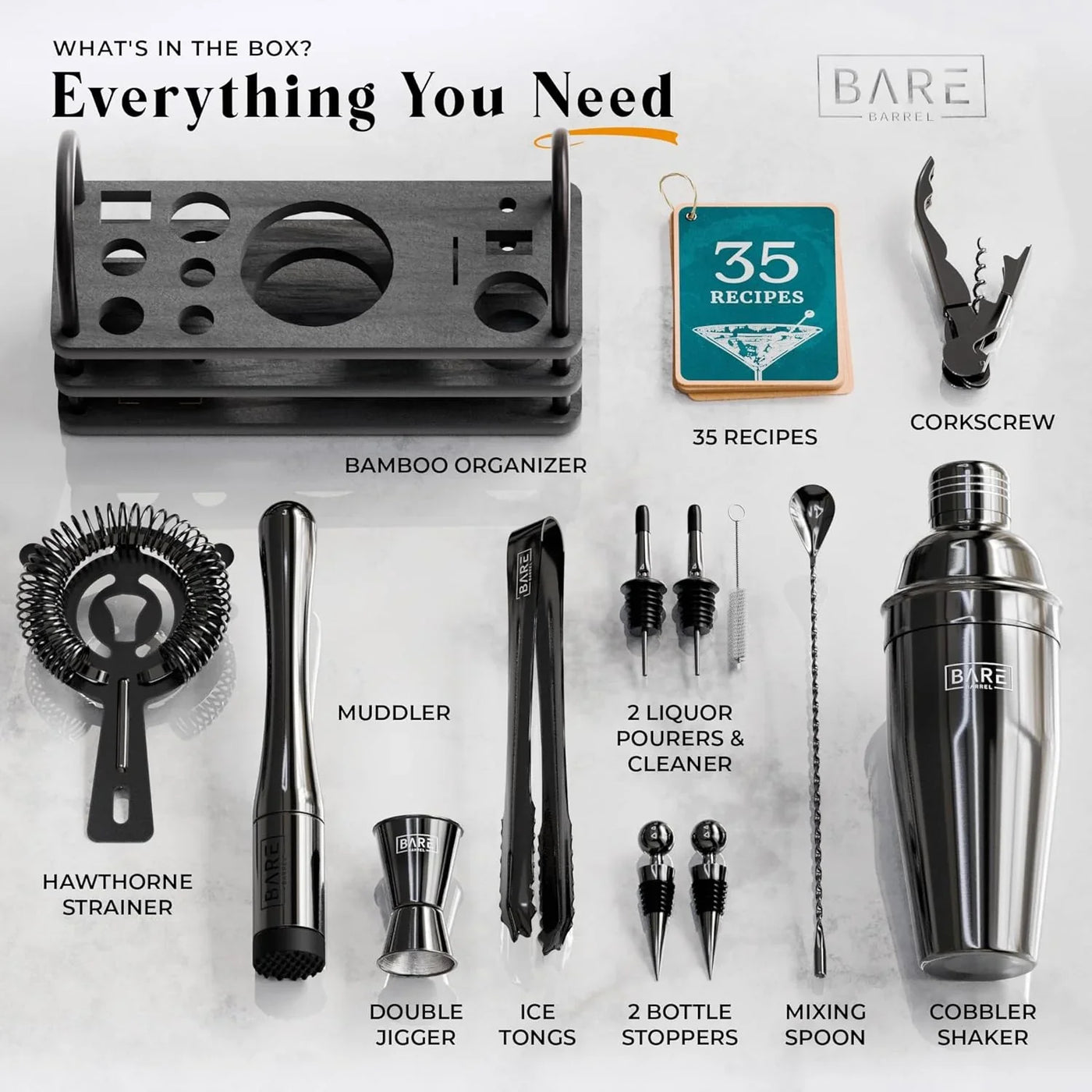 ® Mixology Bartender Kit Bar Set | 14-Piece Cocktail Shaker Set | Martini Barware Mixing Tools for Home Bartending | 35 Recipe Cards | Gift Set (24Oz Cobbler Shaker, Jet Black/Black)