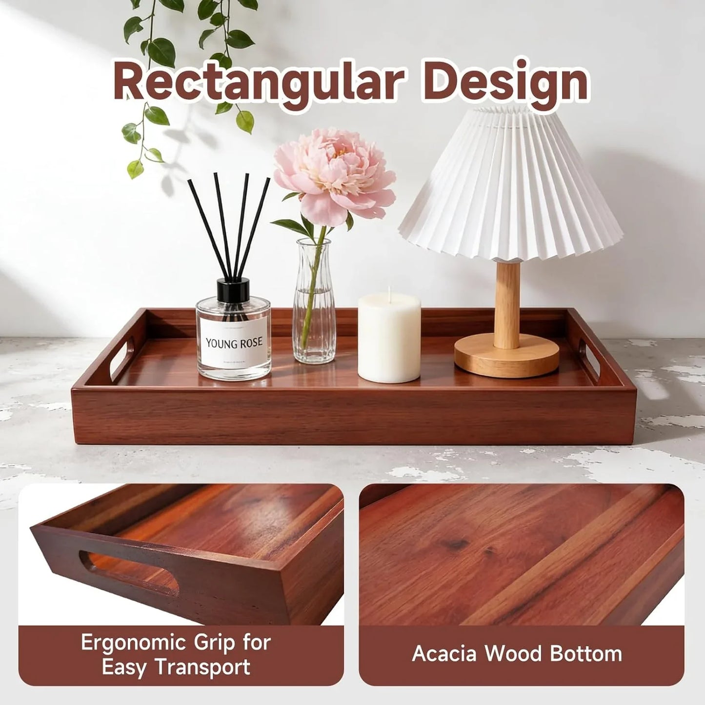 Acacia Wood Serving Tray with Handles, 17 X 12 Inch Large Wooden Tray for Food & Drinks, Coffee Table, Ottoman, Breakfast in Bed – Includes Free Leather Mat