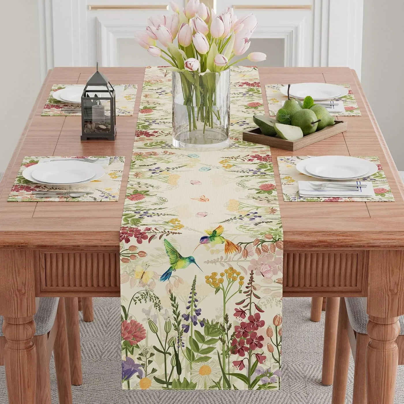 Wildflowers Grass Hummingbirds Spring Table Runner Summer Table Decoration for Party Home Kitchen Dining Holiday Decor 13X72 Inch
