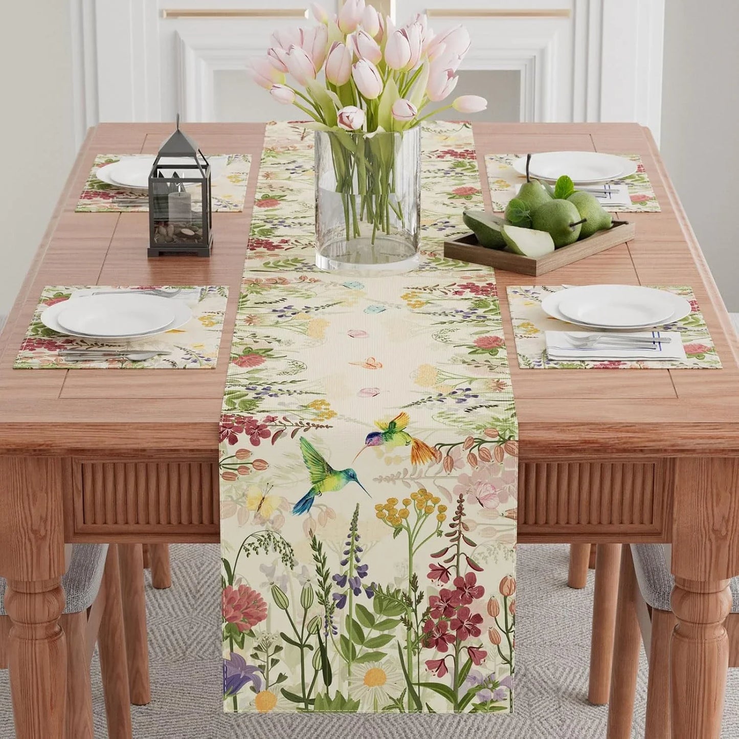 Wildflowers Grass Hummingbirds Spring Table Runner Summer Table Decoration for Party Home Kitchen Dining Holiday Decor 13X72 Inch