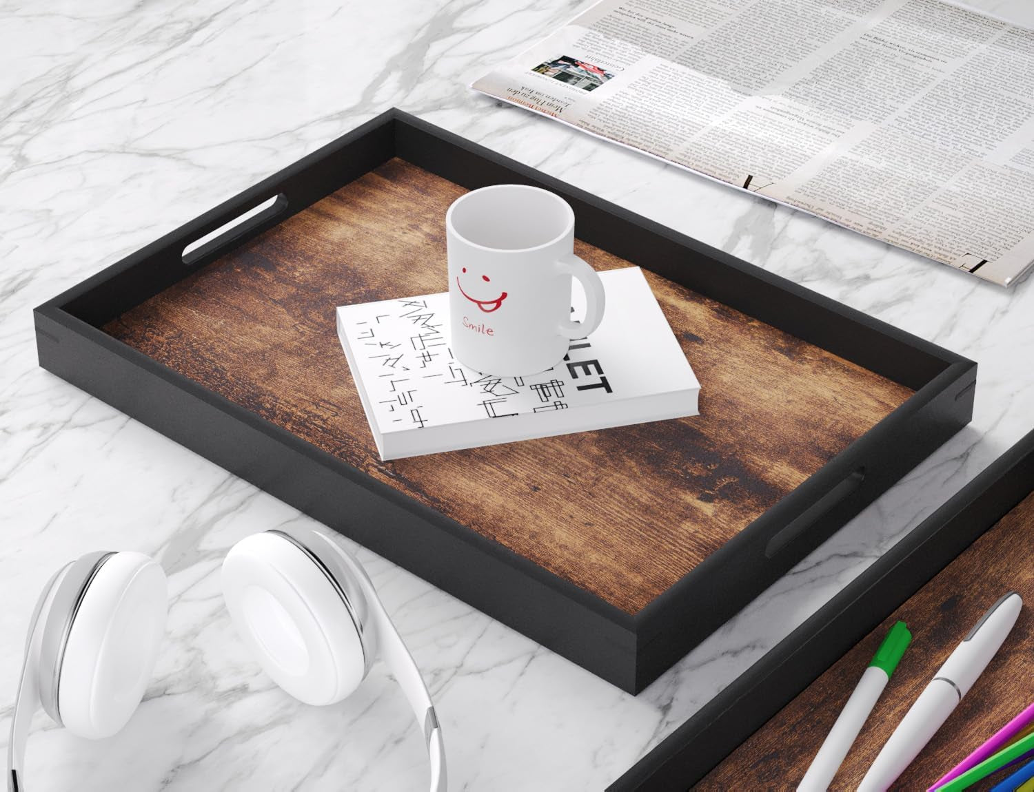 Set of 2 Wooden Serving Tray with Handles,Decorative Trays Platter,Breakfast Tray in Bed,Large Coffee Table Tray，Food Drinks Trays for Eating,Working,Storing